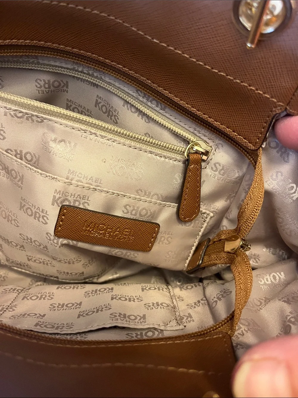 Michael Kors Beige MK Signature Tote with Tan Leather & Gold-Tone Hardware